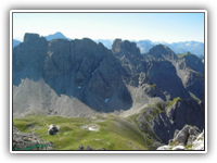 Gipfelblick vom Schüsser. Unten die Fiderepasshütte und im Hintergrund der komplette Mindelheimer Klettersteig von der Fiderescharte bis zum Kemptner Kopf
